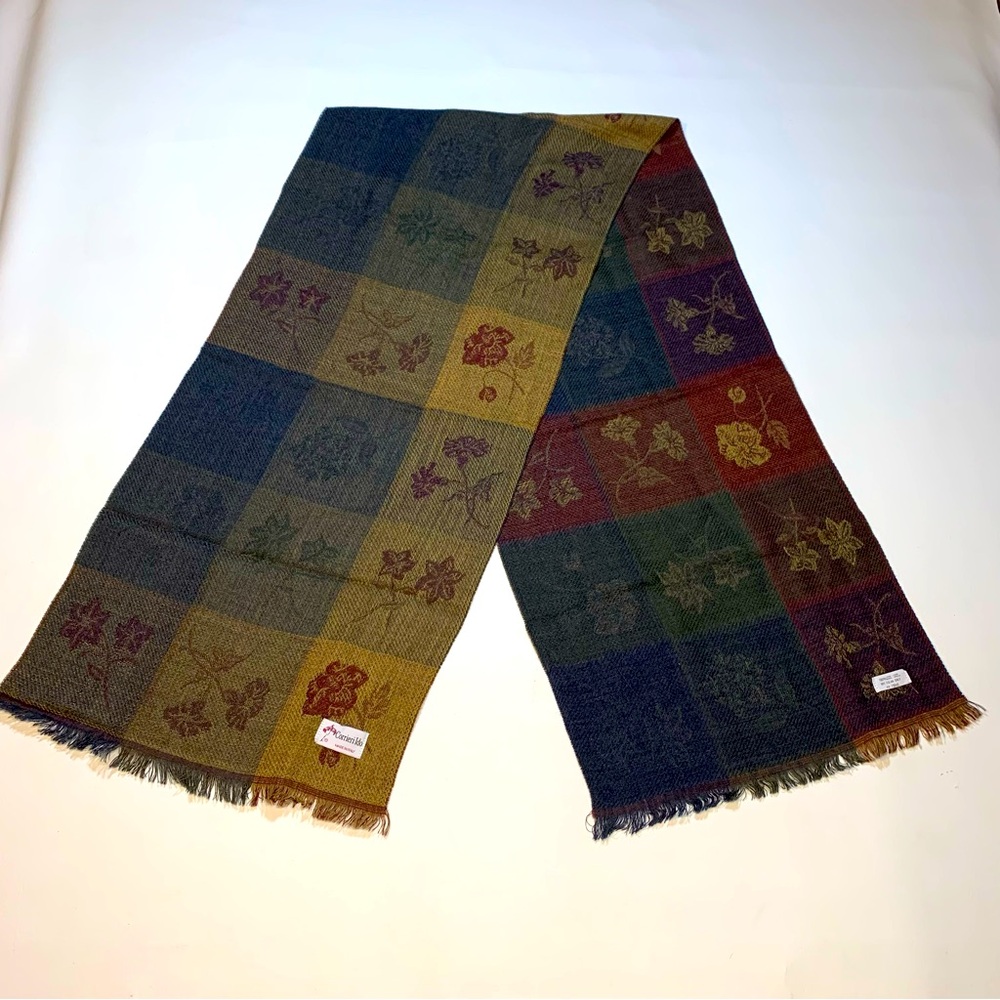 Corrieri Ido Italy Scarf  Wrap Shawl Wool Brown Multi Herringbone Fringe Patch